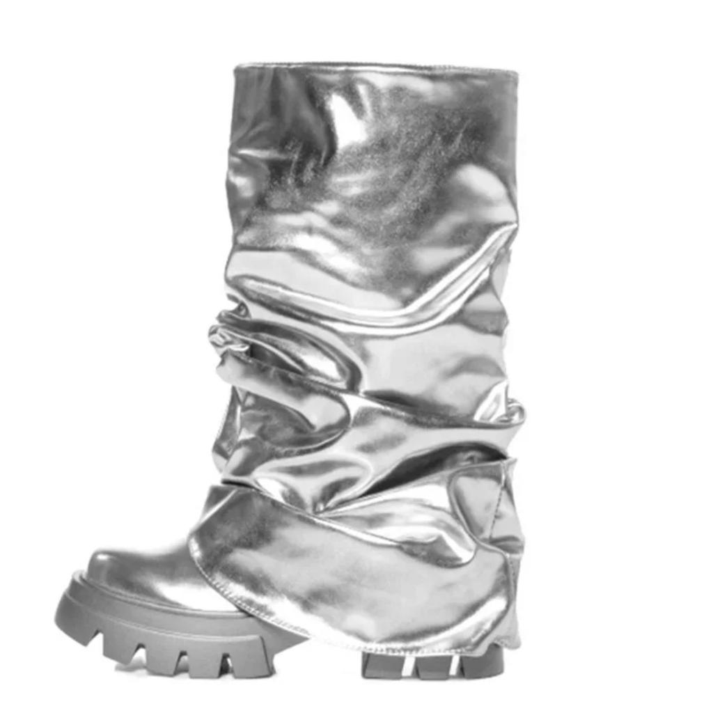 Women's Mid Calf Boots Thick Bottom Round Toe Runway Style Pleated Boots Women Platform Boots Gold Silver Large Size Shoes 2025