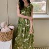 New Chinese sleeveless nightdress women's summer plant flower green cotton silk skirt high-end loungewear national style long skirt thin