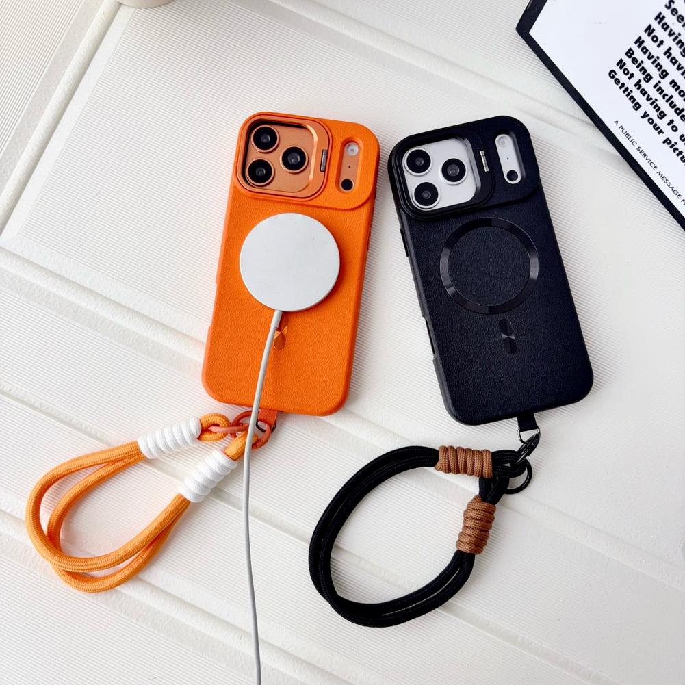 Wrist Strap Leather Textured Case For iPhone 17 Pro Max 17 pro Air 16 15 14 13 12 11 Metal Lens Bracket Magnetic Ring Cover