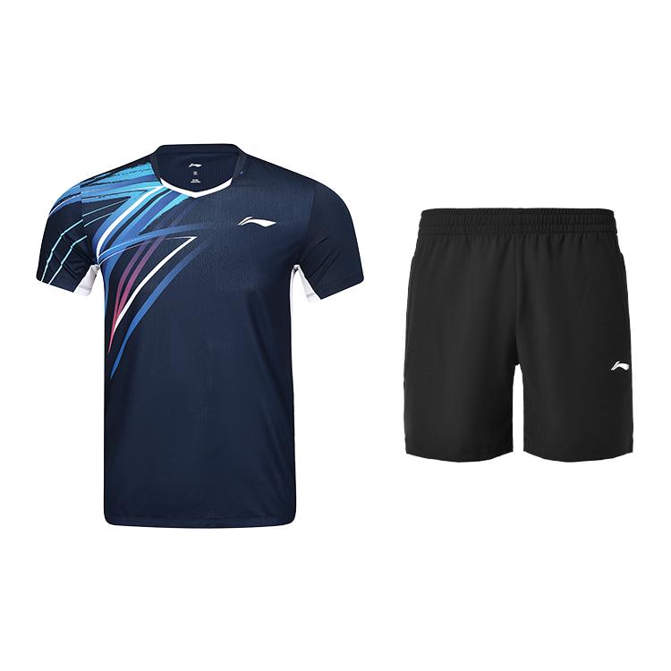 

Li Ning Удобный Универсальный Дышащий Свободный Комплект Шорты с Коротким Рукавом Спортивный Костюм Унисекс Спортивная Одежда Синий Черный AAYV039-1+AKSU789-3 3XL