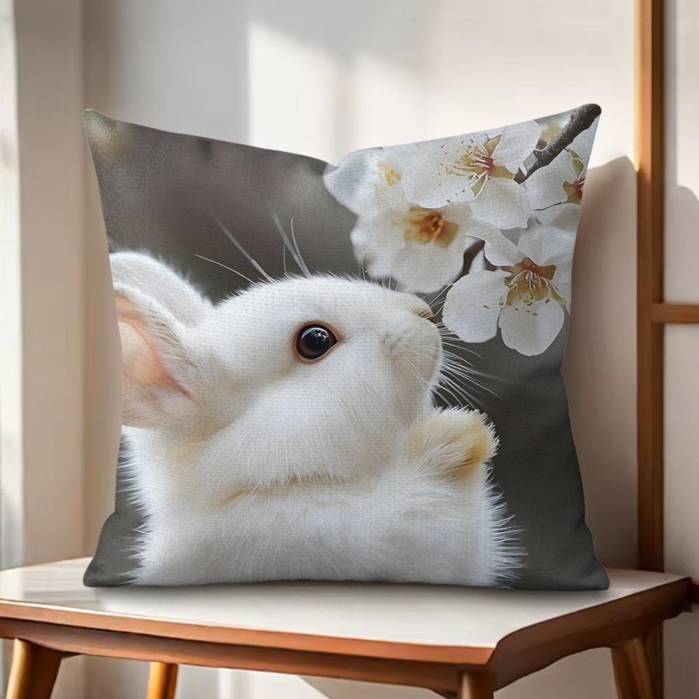 Cute Rabbit Cushion Cover Natural Linen Organic Fabric DoubleSided Printing Couch Pillow Covers Home Decor