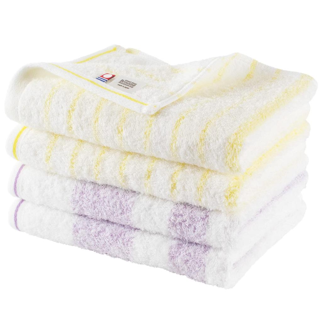 Bloom Imabari Towel Certified Face Towel Set of Natural Quick Room Made In Japan 4, Border, Absorbent, Drying, Dry, Soft, 100% Cotton, (Yellow/Purple)