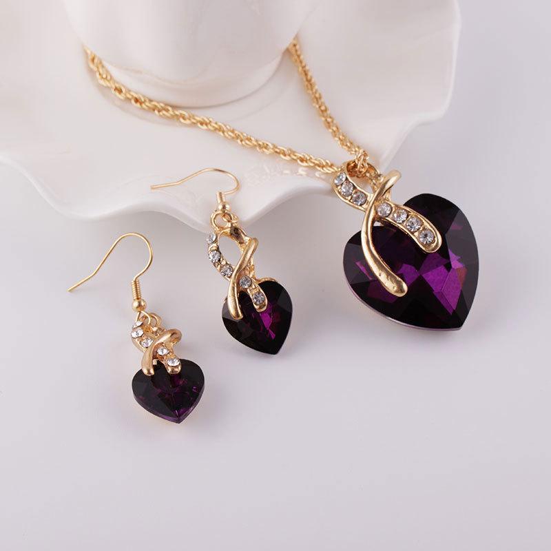 Ensemble Collier et Boucles d'Oreilles de Mariée Européen-Américain en Cristal Zircon en Forme de Cœur