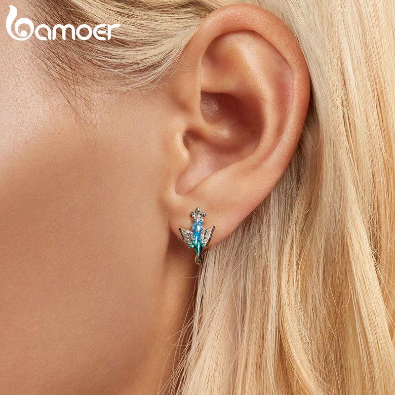 Bamoer 925 Sterling Silver Green Enamel Hummingbird Ear Clips White Gold Plated Bird Earrings for Women Party Fine Jewelry
