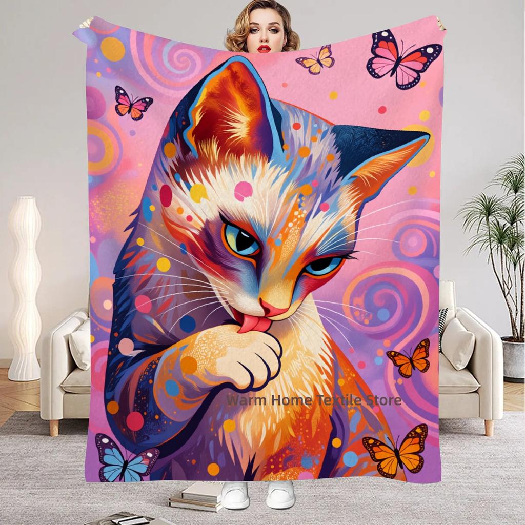 Abstract Pop Art Blanket Strange Cat Flannel Throw Blankets For Home Decor Cozy Warmth Birthday Gift Blanket For Kids Adult