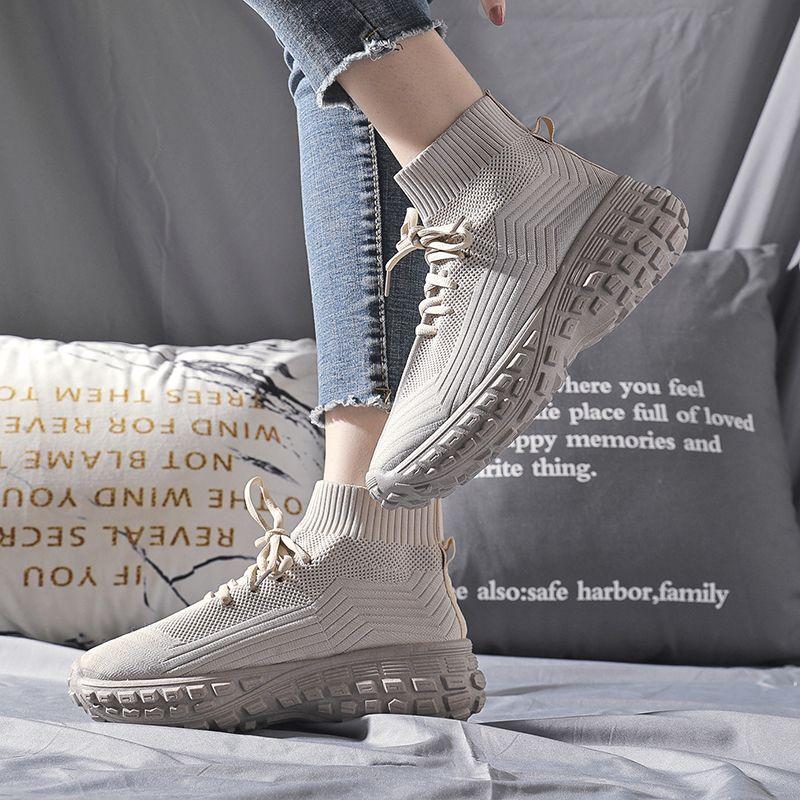 Lace Up Women's High On Platform Shoes Spring Autumn High Top Ankle Boots Aesthetic Fashion 2025 Knitted Casual Ladies Footwear