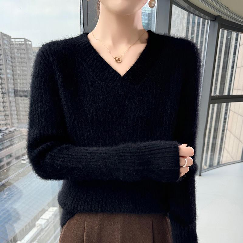 Autumn Winter Women's Thickened Mink Velvet V-Neck Sweater - Loose, Versatile Knit Base Layer Pullover