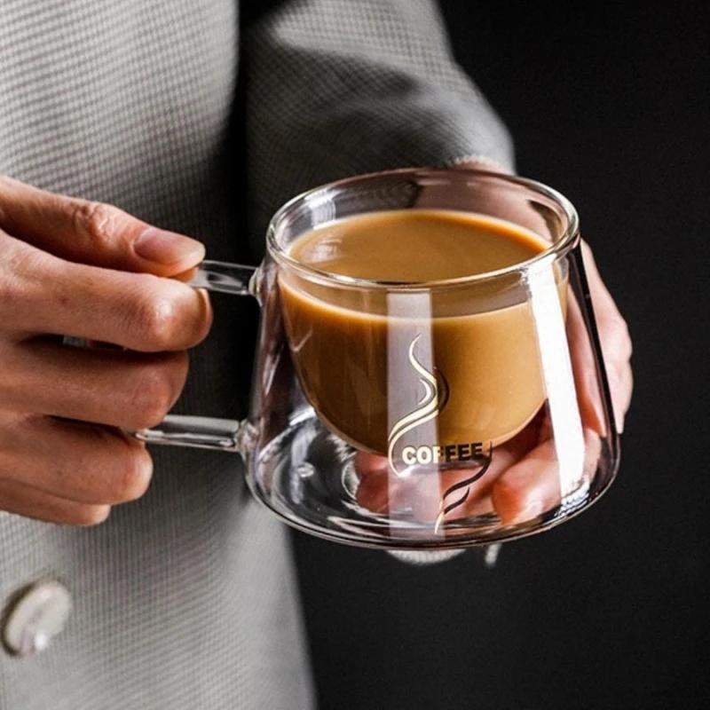 Cană de cafea din sticlă cu perete dublu transparent de 200 ml, cu mâner, ceașcă espresso rezistentă la căldură, ceai cu apă latte, cappuccino, ceai, mic dejun