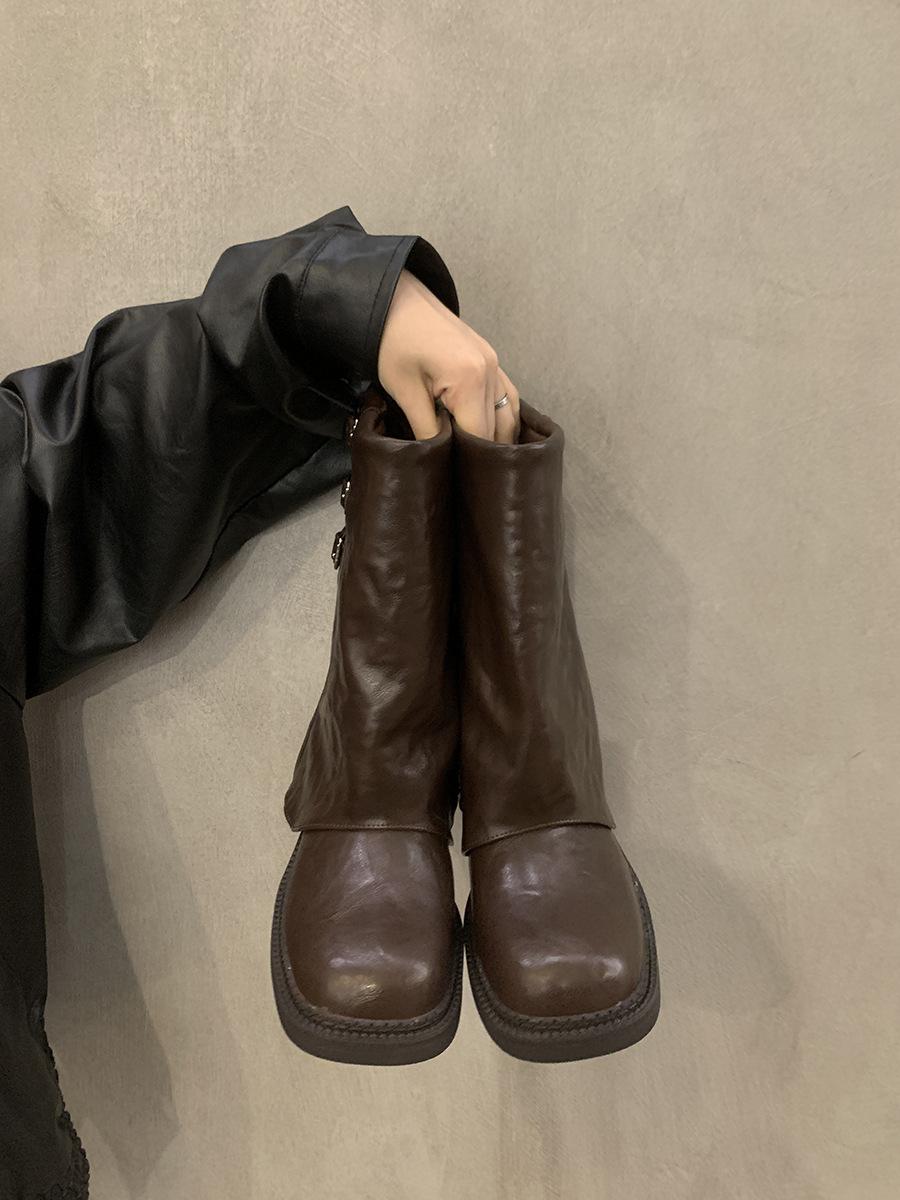 

Вінтажні коричневі ковбойські чоботи вестерн жіночі 2024 нова осінь на товстій підошві модні штани для крихіток короткі черевики Мартін 40 коричневий