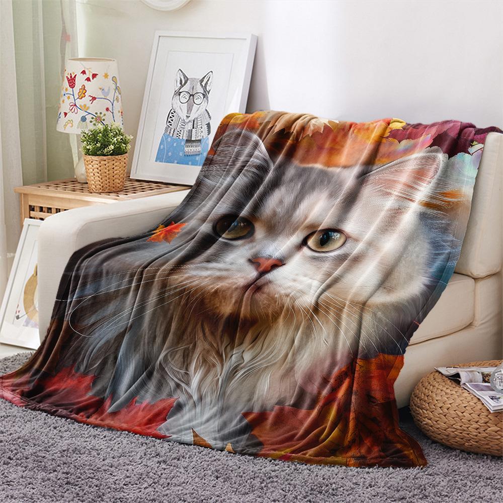 Maple Leaf Cat  Print Flannel Blanket, High quality Comfortable for All Seasons, Home Decor, Warmth and Comfort