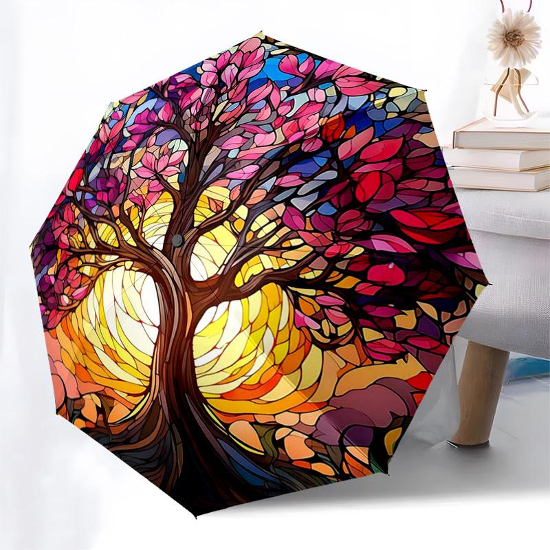 

1pc Stained Glass Tree of Life Auto-Folding Umbrella - Portable 3-Fold Design, 8-Bone Iron Frame Outdoor Umbrella, Perfect Gift for Fans, Travelers, D