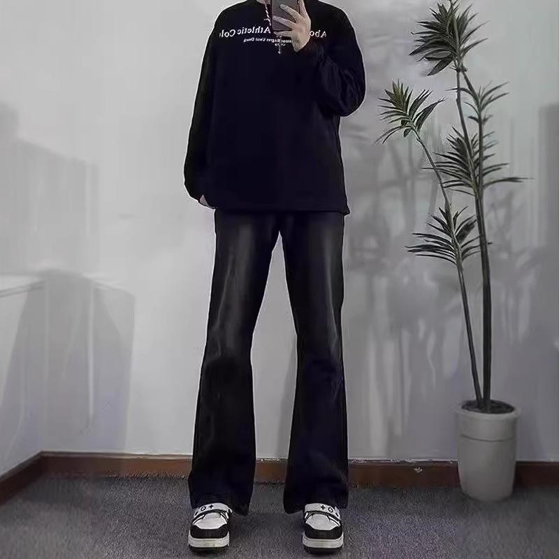 Black micro-pull jeans men's autumn thin straight ruffian handsome high-end pants American retro high street trousers