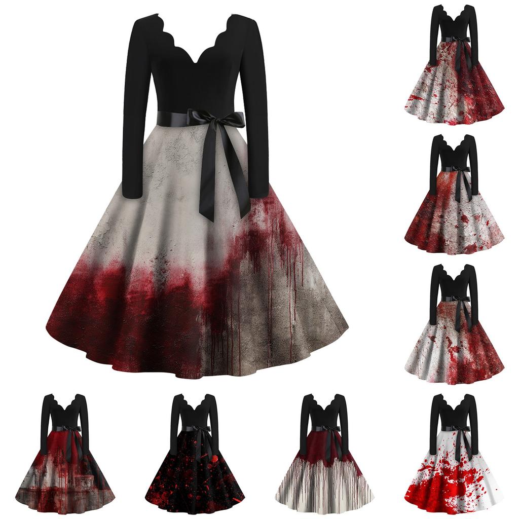 Women's Casual Fashion Halloween Printed V-Neck Vintage Dress