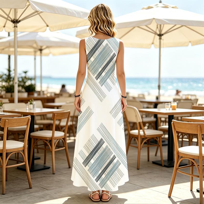 Women's U-Neck Striped Sleeveless Maxi Dress Loose Fit Soft Summer Beach Vacation Dress for Daily Casual Wear