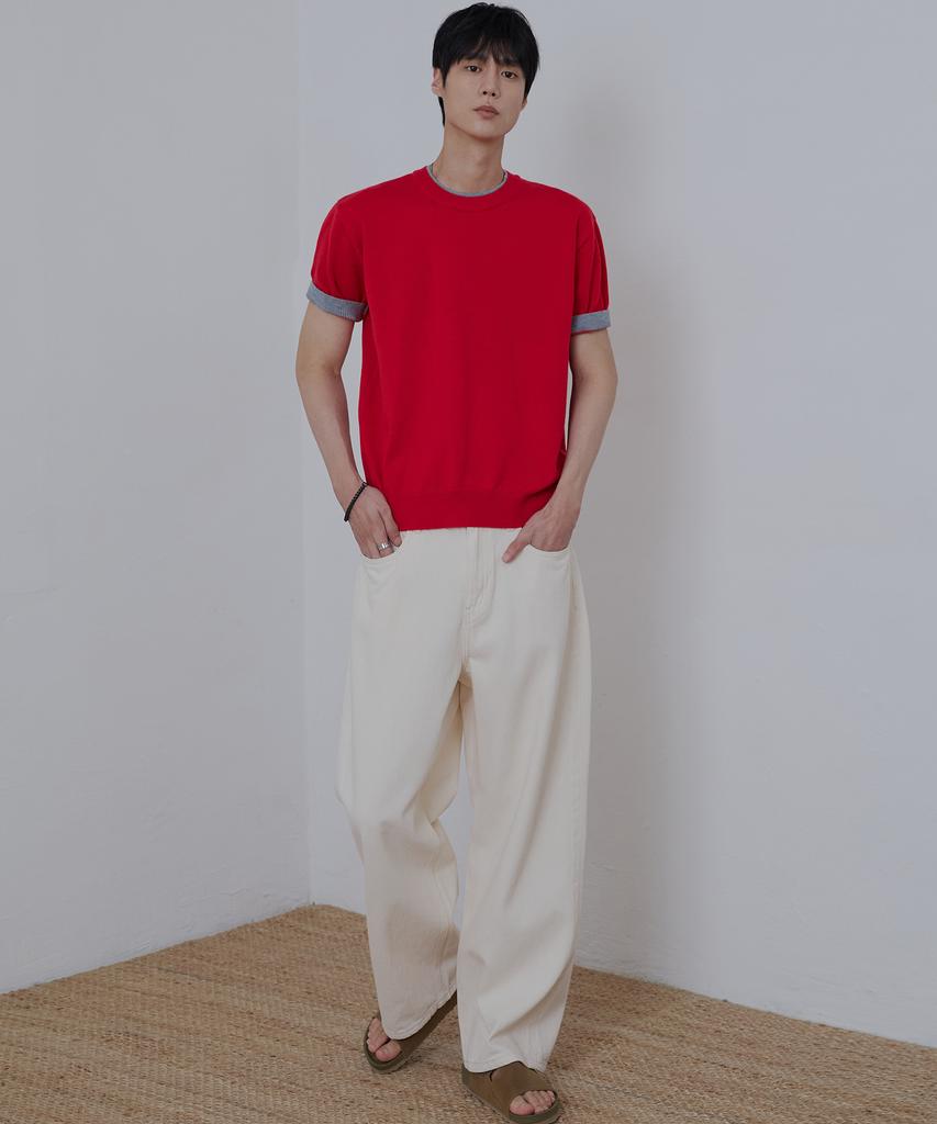 NODU Layered Color Block Round Cropped Half Knit [Red]