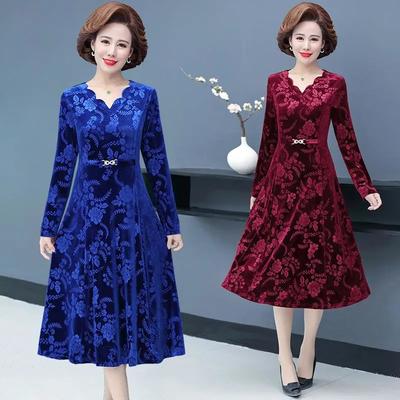 Rochie de Toamnă din Catifea Mărime Mare, Lungime Medie, Croială Subțire, Mânecă Lungă, pentru Femei de Vârstă Mijlocie și Vârstnice