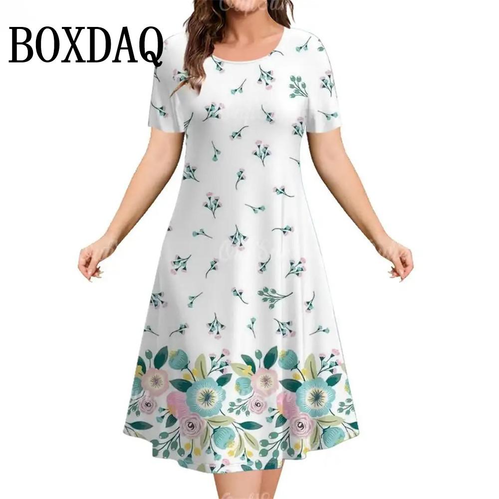 Summer Women's Dress Fashion Floral Pattern Short Sleeve Dresses Loose Plus Size Casual Round Neck Print Clothing Elegant Dress