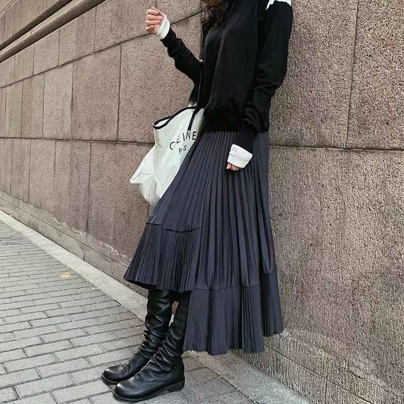 Autumn/Winter 2025 Women's High-Waisted Black Fishtail Pleated Mid-Length Skirt with Irregular Hem