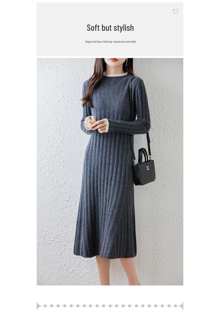 Women's Mid-Length Wool Knit Dress with High Collar - Elegant Cashmere Base Layer for Autumn/Winter