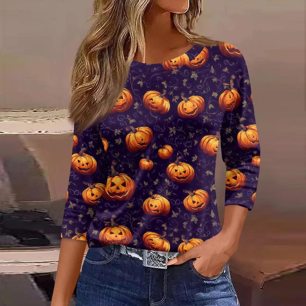 Women's Halloween Print T-Shirt Loose Fit Round Neck Three Quarter Sleeve Casual Shirt with Pumpkin and Bat Design for Seasonal Wear