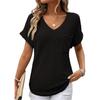 Women's V Neck Short Sleeve Loose Fit Waffle Knit Top Casual Summer Blouse Solid