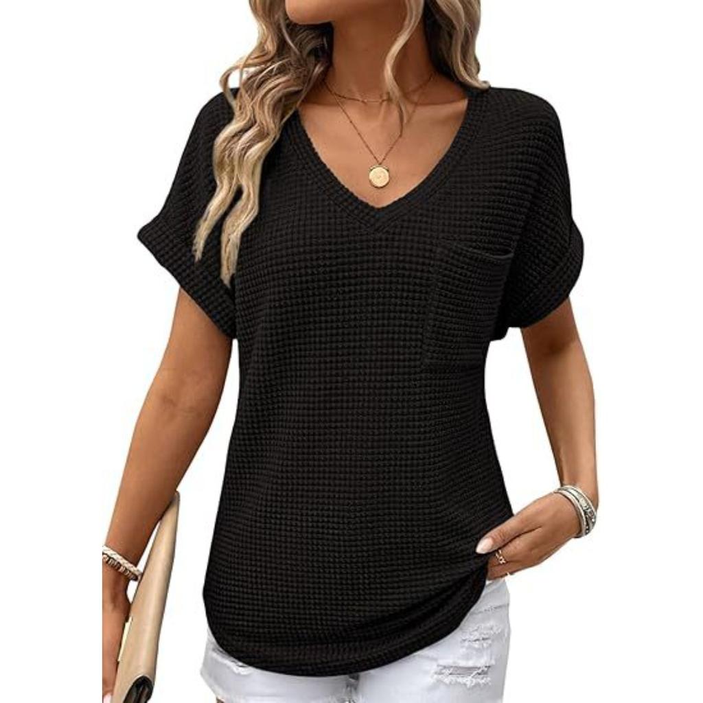 Women's V Neck Short Sleeve Loose Fit Waffle Knit Top Casual Summer Blouse Solid