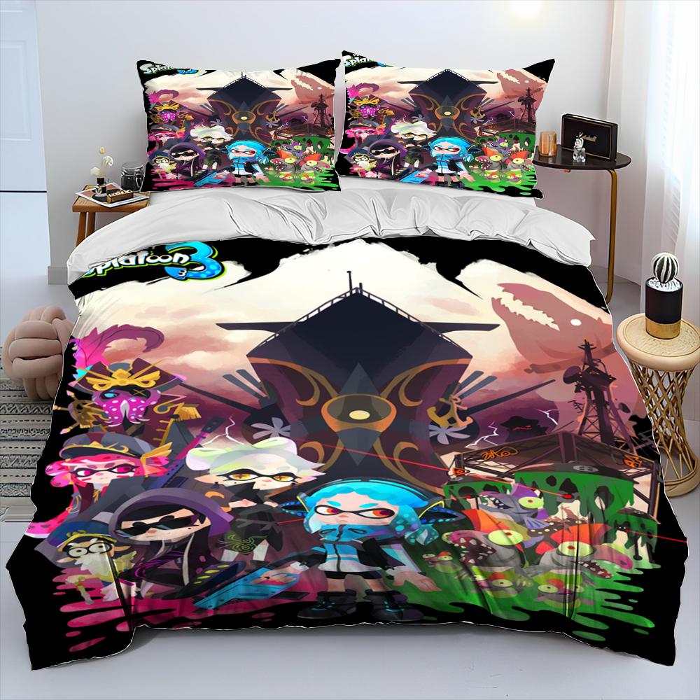 S-Splatoon Game Gamer Cartoon Comforter Bedding Set,Duvet Cover Bed Set Quilt Cover Pillowcase,King Queen Size Bedding Set Kids