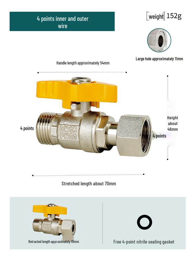 Full Copper Water Heater Union Ball Valve, Male/Female Thread, 6 to 4 Points Large Flow for Wall-Hung Boiler