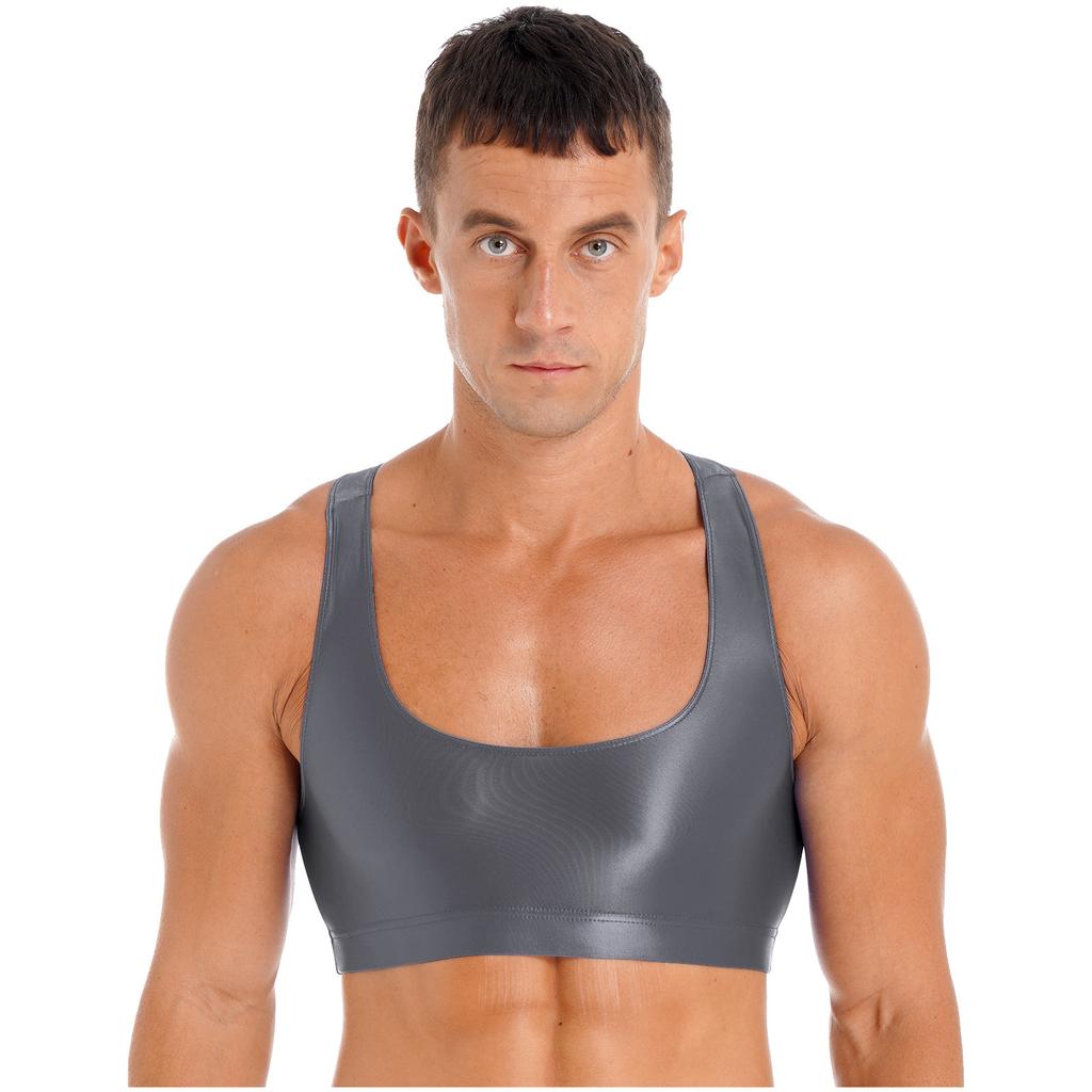 Canottiere da uomo lucide con scollo a U a tinta unita senza maniche crop top gilet per sport fitness yoga