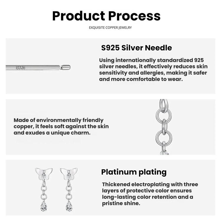 S925 Silver Earring Studs With White Gold Plated Copper Butterfly Teardrop Tassel Earrings