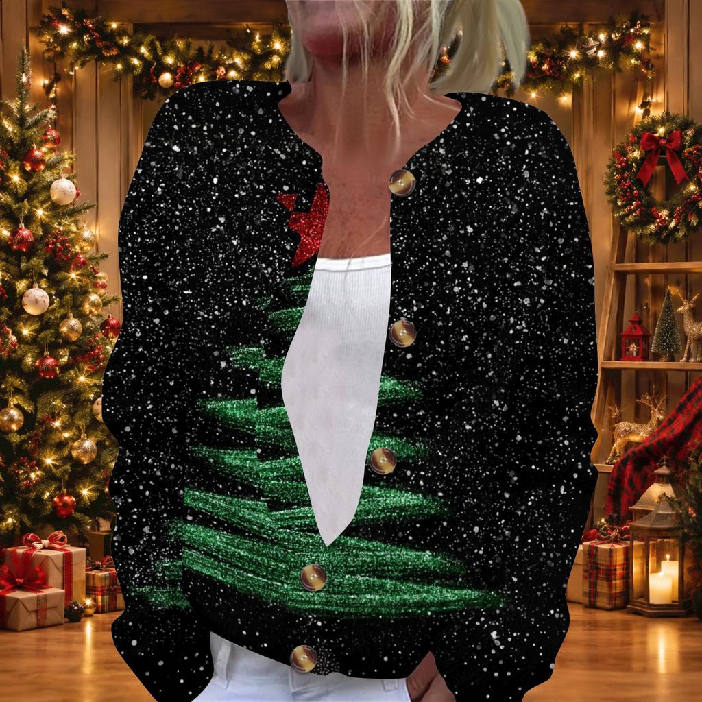 Damen Weihnachtsdruck Langarm Strick Cardigan Knopfleiste Pullover Mantel für Feiertage
