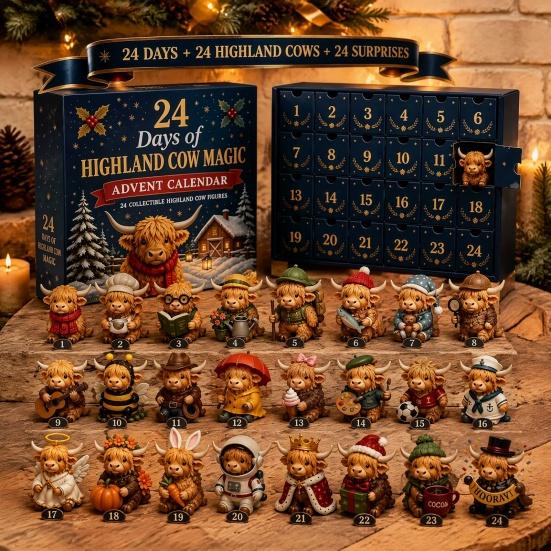 Tiered Tray Christmas Decor 24 Days of Highland Cow Magic Advent Calendar, Unique Mini Winter Home Accessories Figures, Farmhouse Holiday Decor,