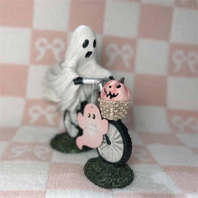 62KD Halloween Themed Ghostly with Pumpkin Riding Bicycles Figurine Decorative Resins Statue Sculpture Party Decors Ornament