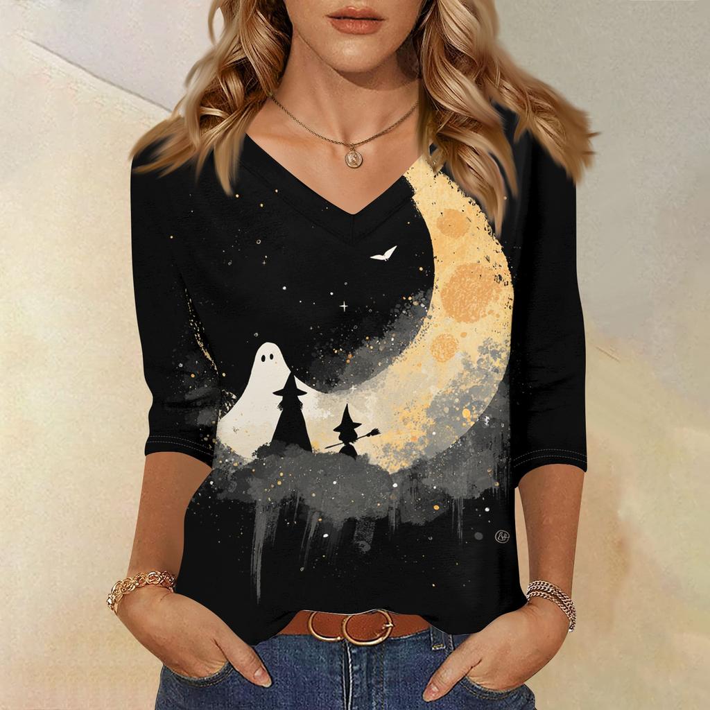 Women's Casual Halloween Print V Neck Top 3/4 Sleeve Lightweight Blouse for Fall Seasonal Wear Comfortable Fit