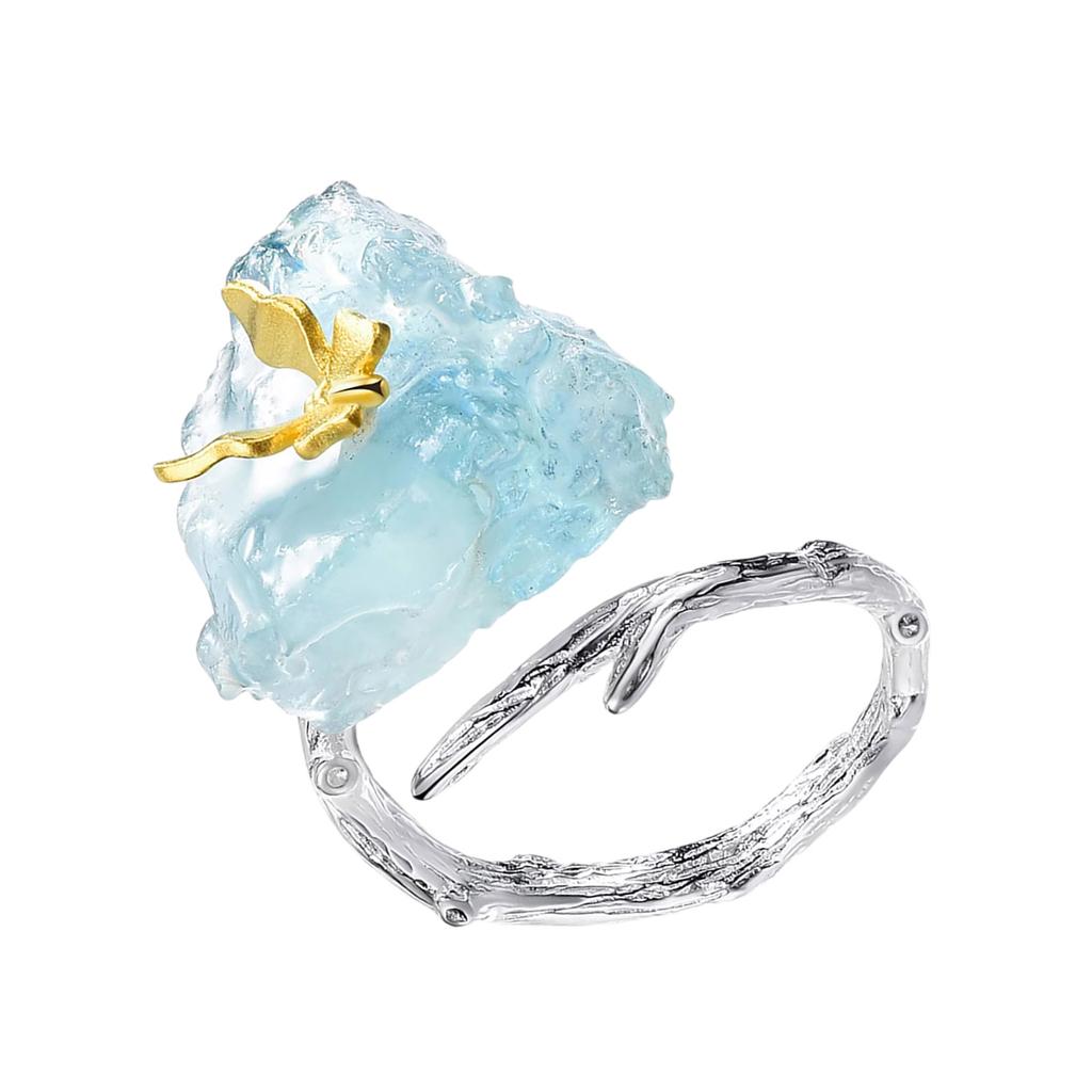 Adjustable Aquamarine Butterfly Ring with Big Gemstones Natural Stone Finger Jewelry Accessory for Elegant Women