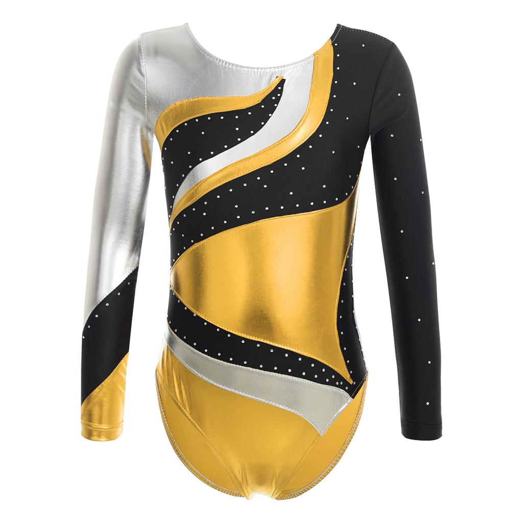 Dívčí taneční trikot s dlouhým rukávem a kontrastní bronzovou látkou s kamínky pro baletní nebo jazzová vystoupení