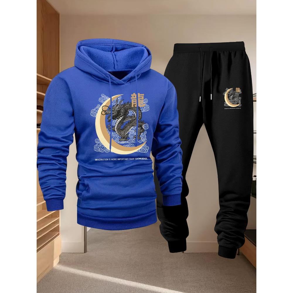Dragon Moon Pattern Printed Hoodie Sport Set Drawstring Hoodie Versatile Running Pants Sport Two Piece Set Street Style