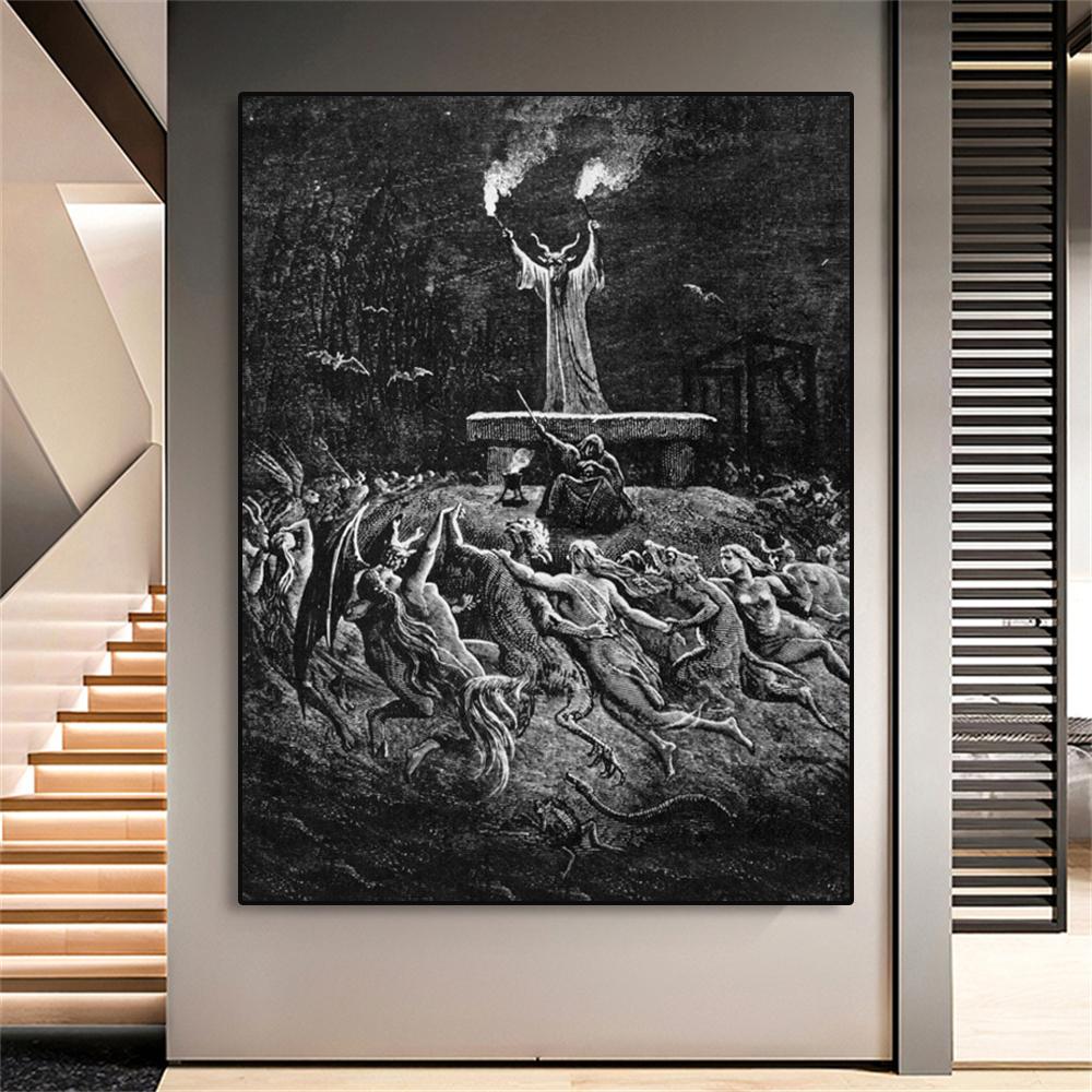 Vintage Black Poster Sabbath by Gustave Dore Sabbath Print Occult Print Home Wall Art Decor Dark Art Canvas Painting Pictures