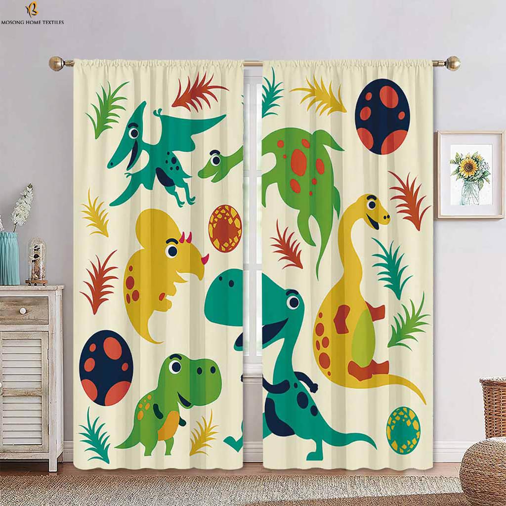 Set Of 2 Cute Cartoon Animal Dinosaur Print Curtains Bedroom Living Room Kitchen Kids Decorative Curtain With Rod Pocket Polyester Perfect For Sitting