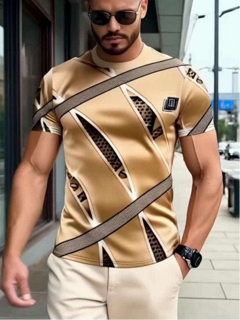 Men's T Shirt Breathable 3D Digital Print Striped T-Shirt - Short Sleeve Round Neck Summer Casual Comfortable Stretch Fit