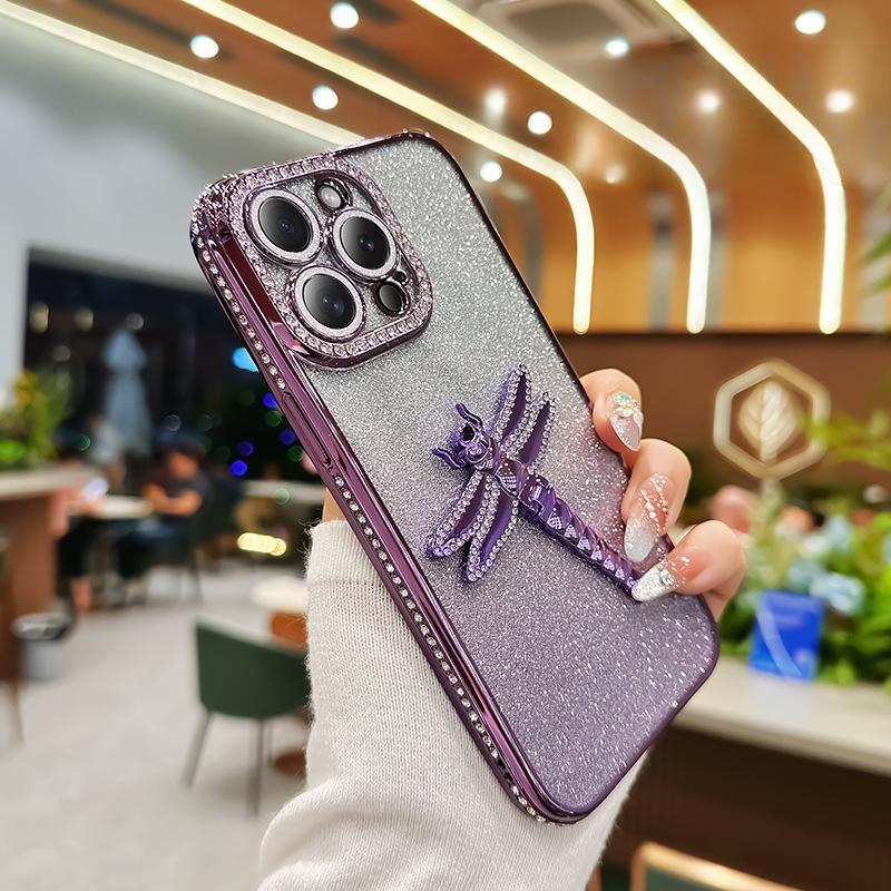Applicable To Apple 16 Dragonfly Bracket Mobile Case Rhinestone IPhone 15 Glitter Powder 14proMax Anti-fall Protector XR