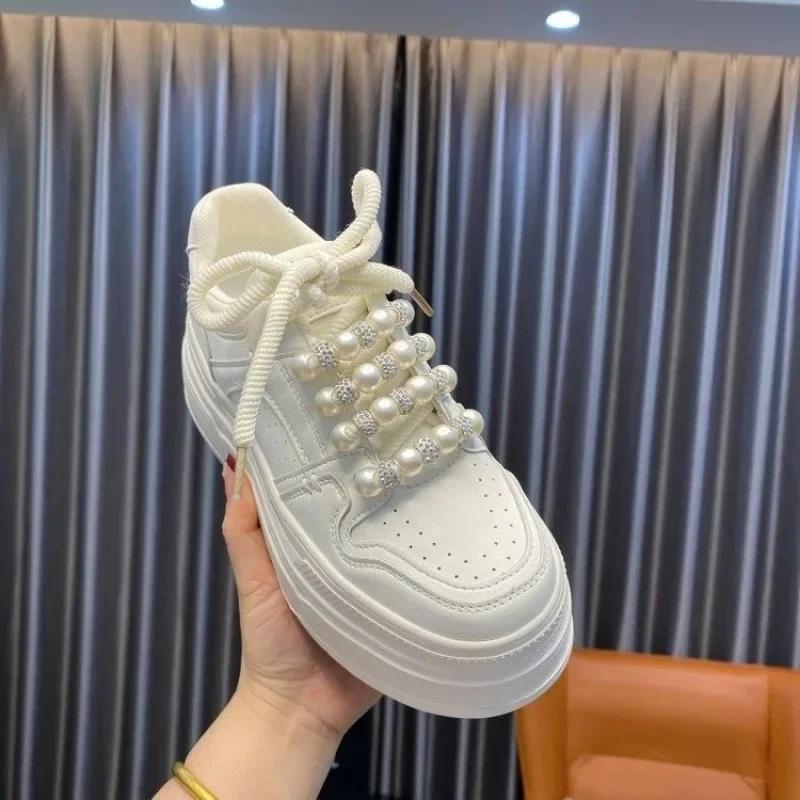 Thick Bottom Pearl Embellished Women's Sport Shoes Casual Trendy Rubber Outsole Synthetic Upper Versatile Platform Sneakers