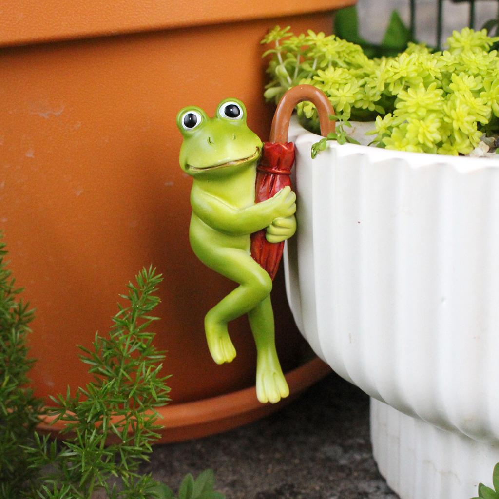 2Psc Flower Pot Edge Hanging Decoration Cute Umbrella Frog Figurine Outdoor Garden Gardening Bonsai Cartoon Animal Ornaments