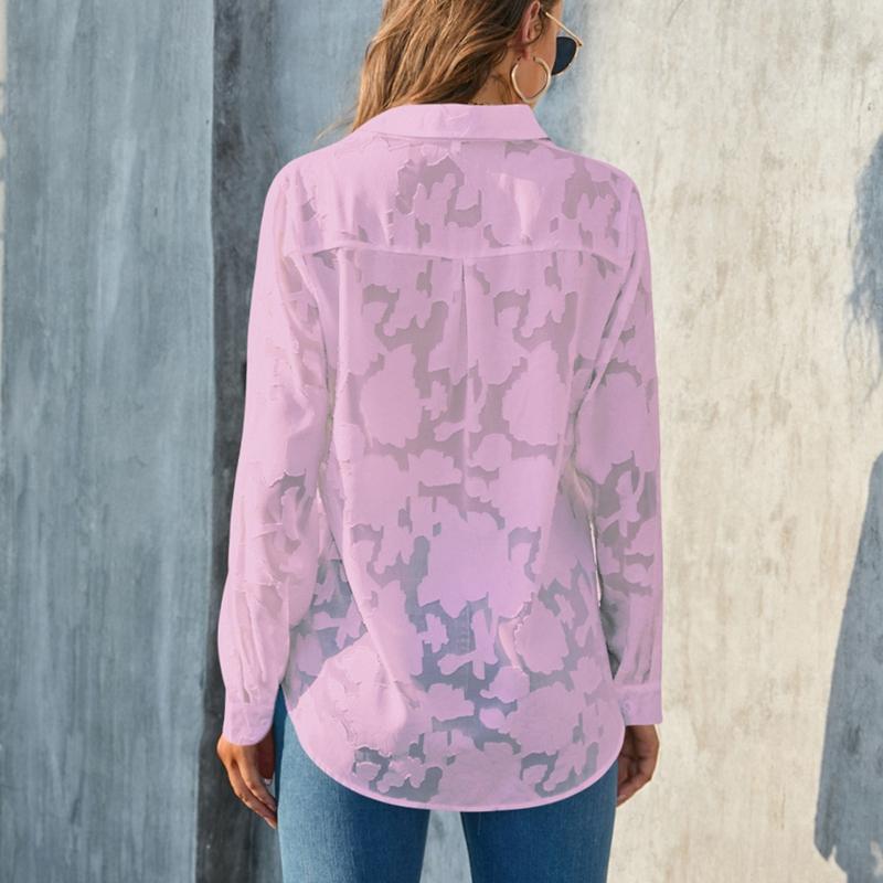 Women's Lapel Jacquard Cardigan Button Shirt Slightly Transparent Top