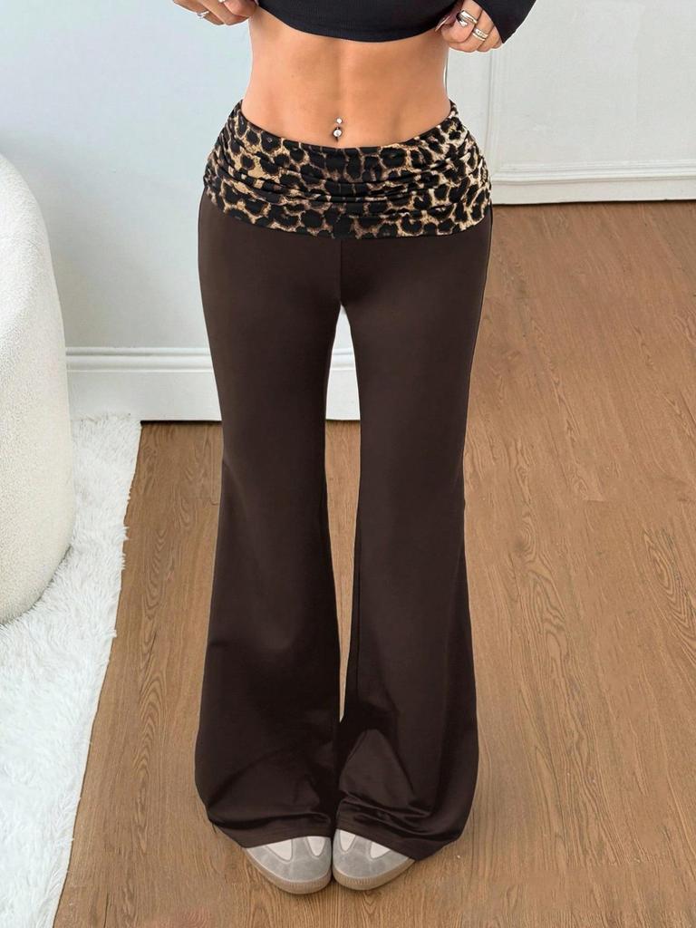 Pantalon de yoga évasé à taille moyenne patchwork imprimé léopard pour femme