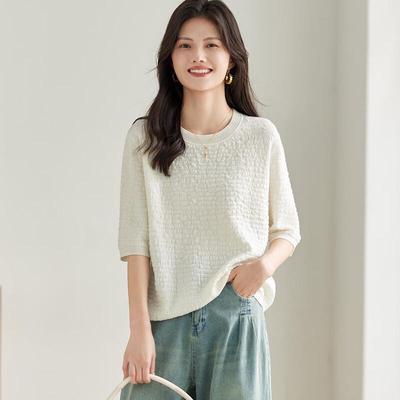 Srcr Damen Wollmischung 3D Geprägtes Strick Mid-Sleeve T-Shirt