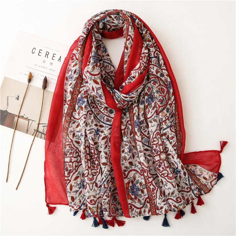 New Fashion Luxury Brand Bohemian Floral Tassel Viscose Shawl Scarf Lady High Quality Wrap Pashmina Stole Muslim Hijab 180*90Cm