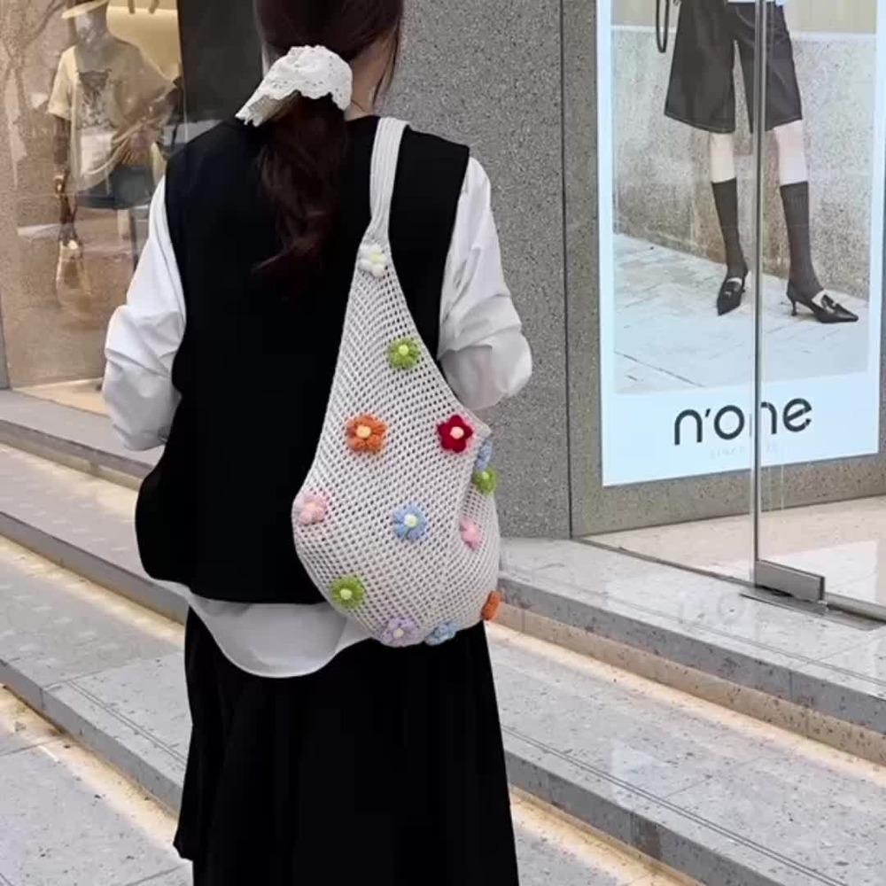 Large capacity hollow knitted bag, fashionable and trendy commuting tote bag, yarn knitted vacation beach bag, single shoulder crossbody bag