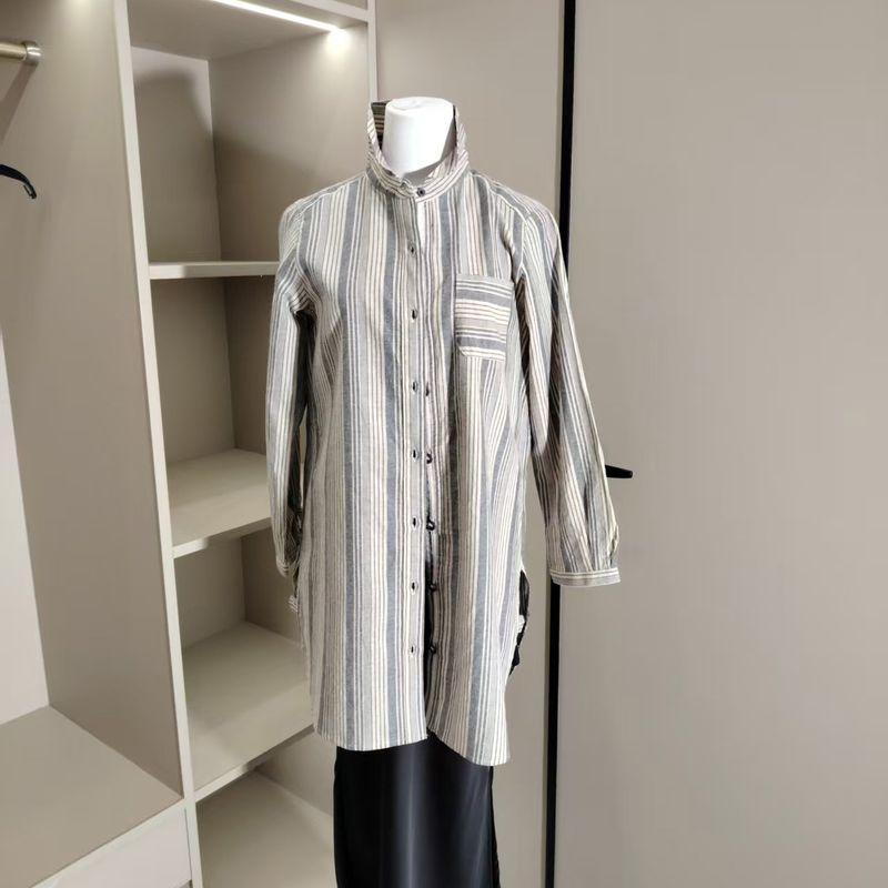 

70% Cotton 30% Linen Blended Long Stripes Nine-Quarter Sleeve Stand Collar Shirt Blue M