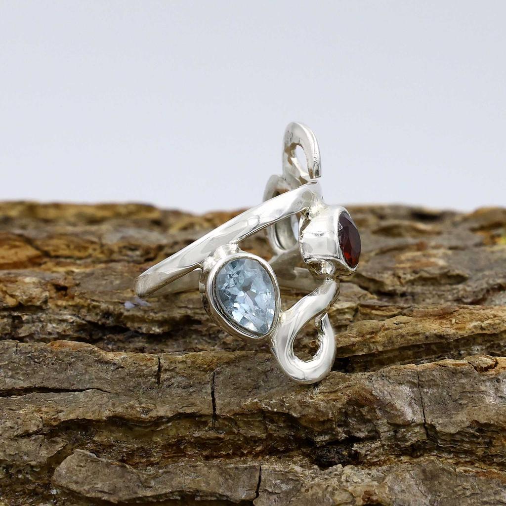 Solid 925 Sterling Silver Garnet Blue Topaz Handmade Ring, Statement Ring, Anniversary Gift, Silver Jewelry, Partywear Ring